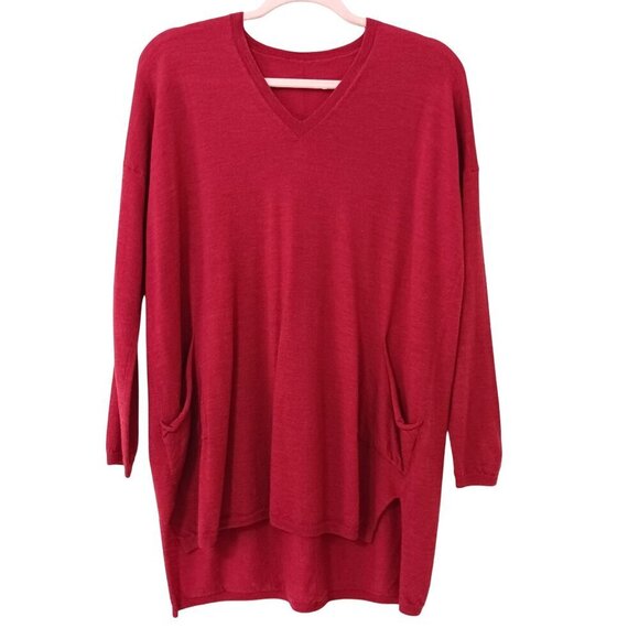 Eileen Fisher Red Merino Wool Sweater Size Medium Tunic V Neck - Picture 1 of 9
